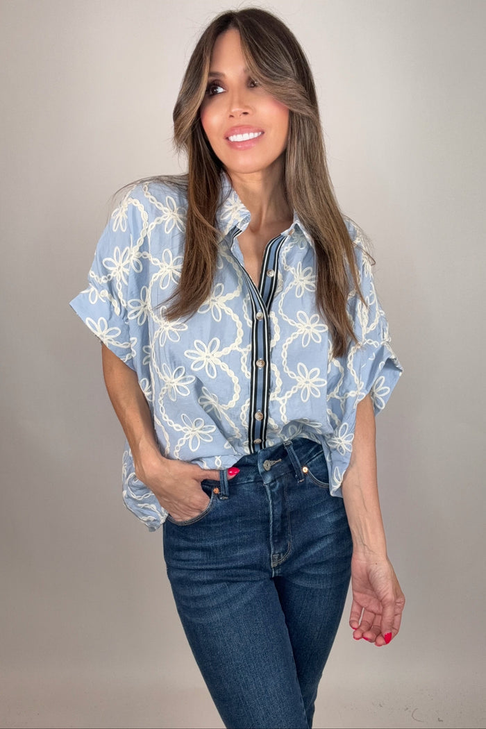 Style the Dolman Sleeve Button Down Collared Embroidered Top exclusively at Born To Glam