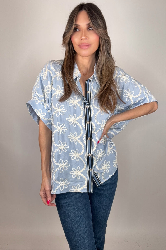 Style the Dolman Sleeve Button Down Collared Embroidered Top exclusively at Born To Glam