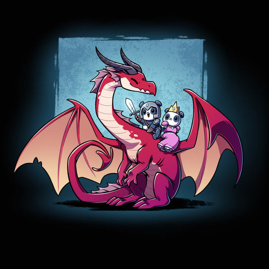 Premium Cotton T-shirt_TeeTurtle black Dragon Ride apparel featuring a panda knight, and panda princess riding the back of a smiling red dragon that’s turned towards them with a sky blue square in the background.