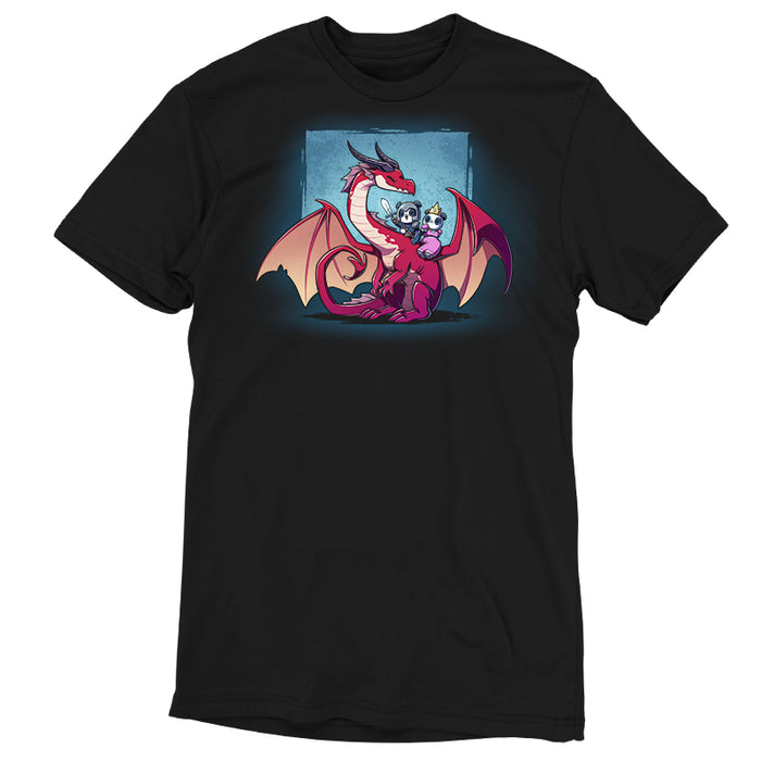 Premium Cotton T-shirt_TeeTurtle black Dragon Ride apparel featuring a panda knight, and panda princess riding the back of a smiling red dragon that’s turned towards them with a sky blue square in the background.