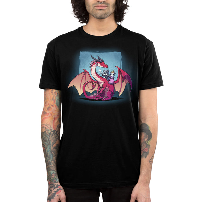 Premium Cotton T-shirt_TeeTurtle black Dragon Ride apparel featuring a panda knight, and panda princess riding the back of a smiling red dragon that’s turned towards them with a sky blue square in the background.