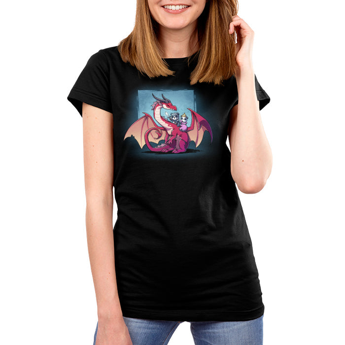 Premium Cotton T-shirt_TeeTurtle black Dragon Ride apparel featuring a panda knight, and panda princess riding the back of a smiling red dragon that’s turned towards them with a sky blue square in the background.
