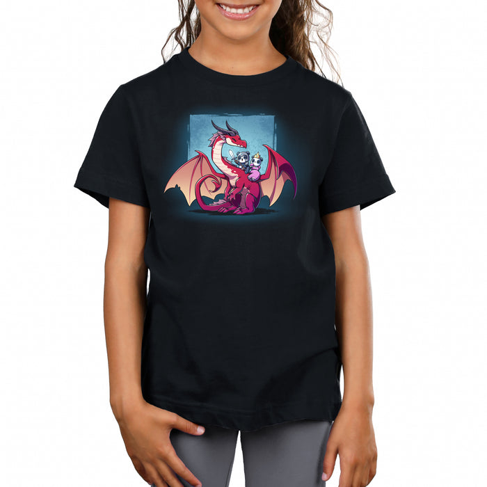 Premium Cotton T-shirt_TeeTurtle black Dragon Ride apparel featuring a panda knight, and panda princess riding the back of a smiling red dragon that’s turned towards them with a sky blue square in the background.