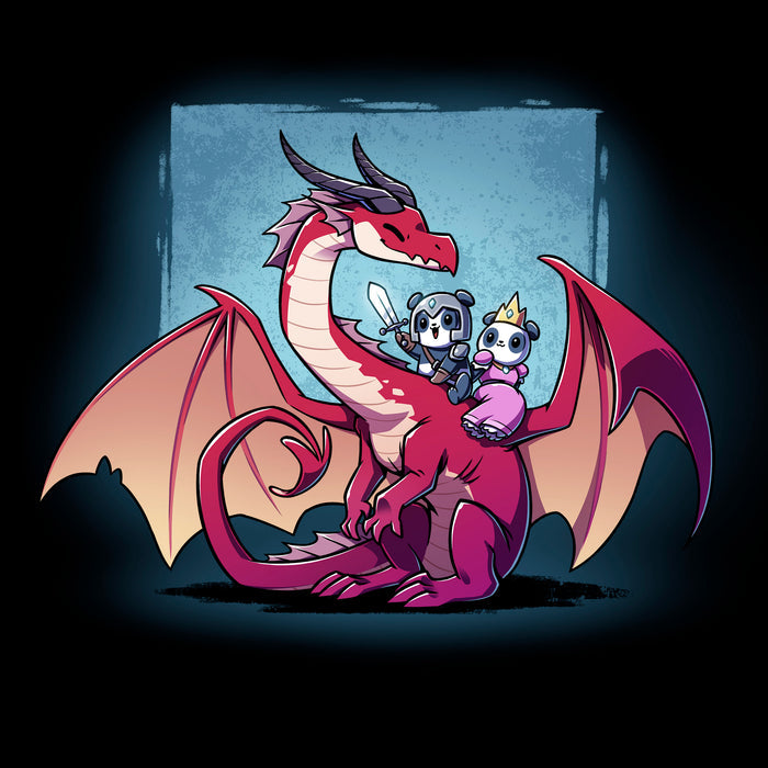 Classic Cotton T-shirt_TeeTurtle black Dragon Ride apparel featuring a panda knight, and panda princess riding the back of a smiling red dragon that’s turned towards them with a sky blue square in the background.