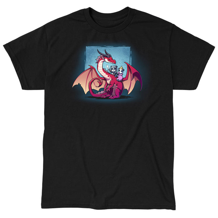 Classic Cotton T-shirt_TeeTurtle black Dragon Ride apparel featuring a panda knight, and panda princess riding the back of a smiling red dragon that’s turned towards them with a sky blue square in the background.