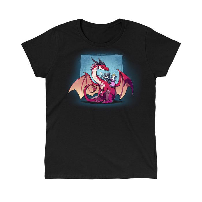 Classic Cotton T-shirt_TeeTurtle black Dragon Ride apparel featuring a panda knight, and panda princess riding the back of a smiling red dragon that’s turned towards them with a sky blue square in the background.