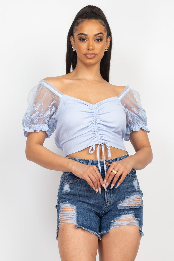 Dusty Blue Lace Puff Sleeve Ruched-front Crop Top