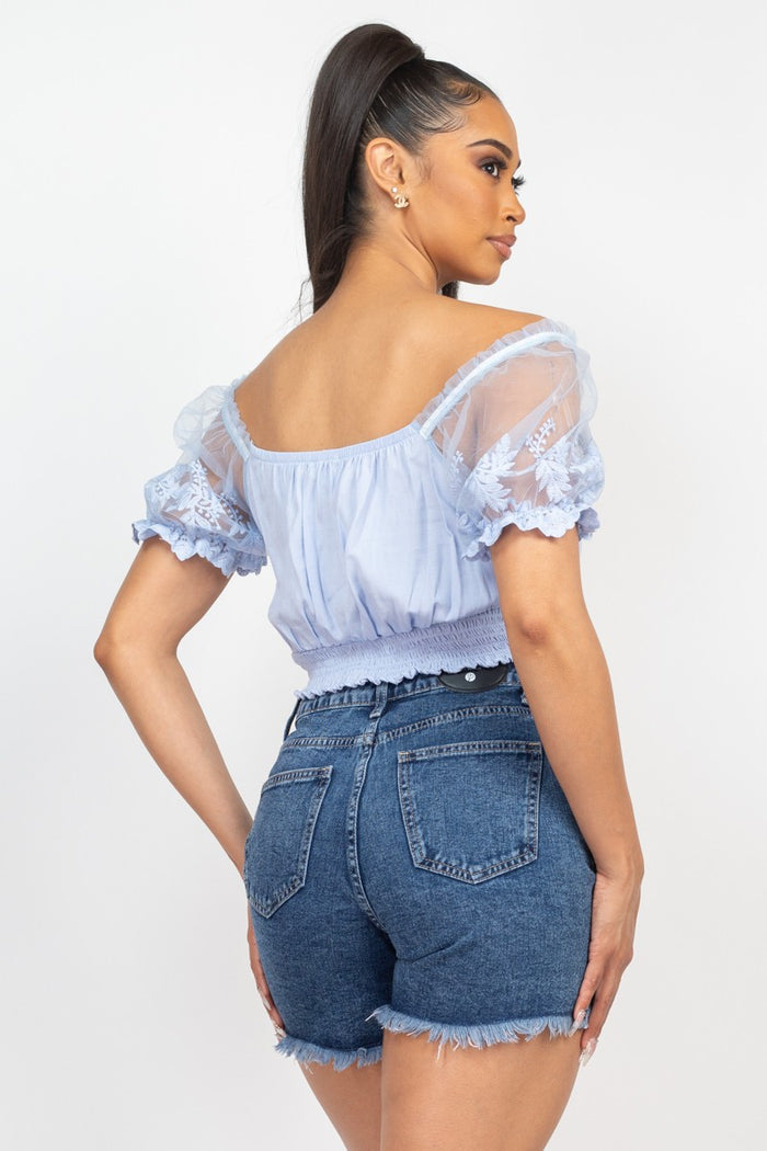 Dusty Blue Lace Puff Sleeve Ruched-front Crop Top