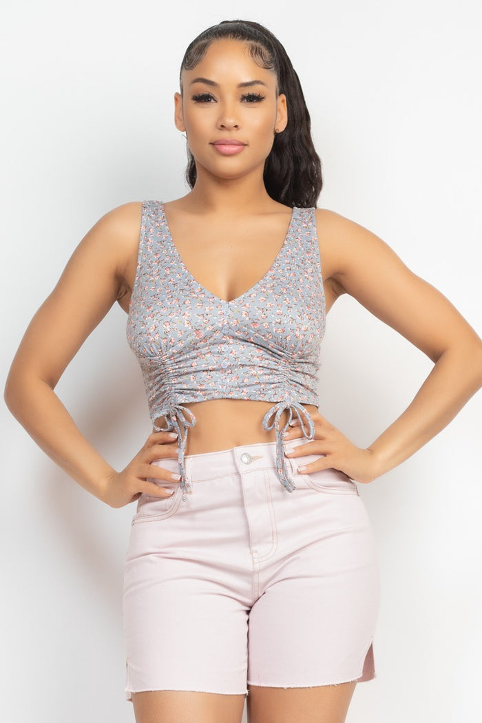 Dusty Blue Ruched Floral Tank Top