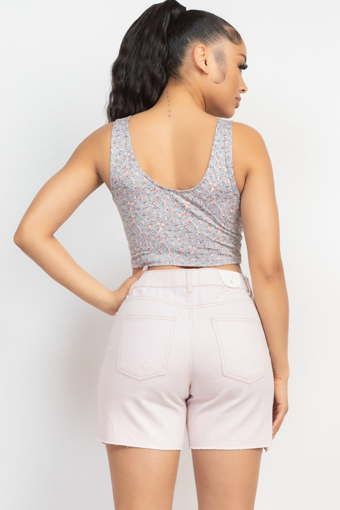 Dusty Blue Ruched Floral Tank Top
