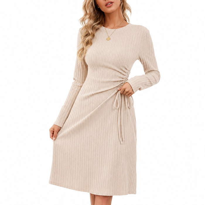 Long sleeve apricot dress with elastic waist and solid color design for casual days, easy layering and feminine styling ideas