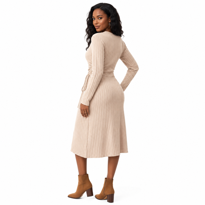 Everyday casual long sleeve dress for women in apricot, with a pullover fit and elastic waist for simple daily comfort now ok
