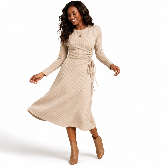Apricot solid color dress with regular sleeves, elastic waist and relaxed pullover style for daily wear and light days now ok