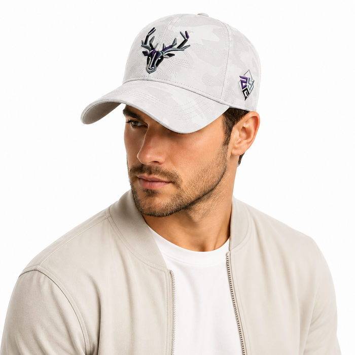 close-up of 3D elk embroidery on curved brim baseball cap