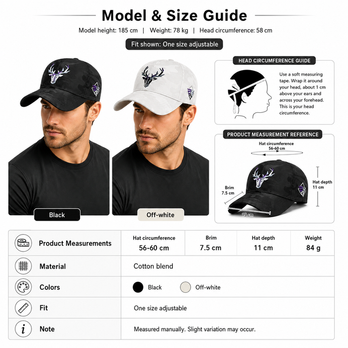 Model and size guide for black and off-white baseball caps with deer head design.