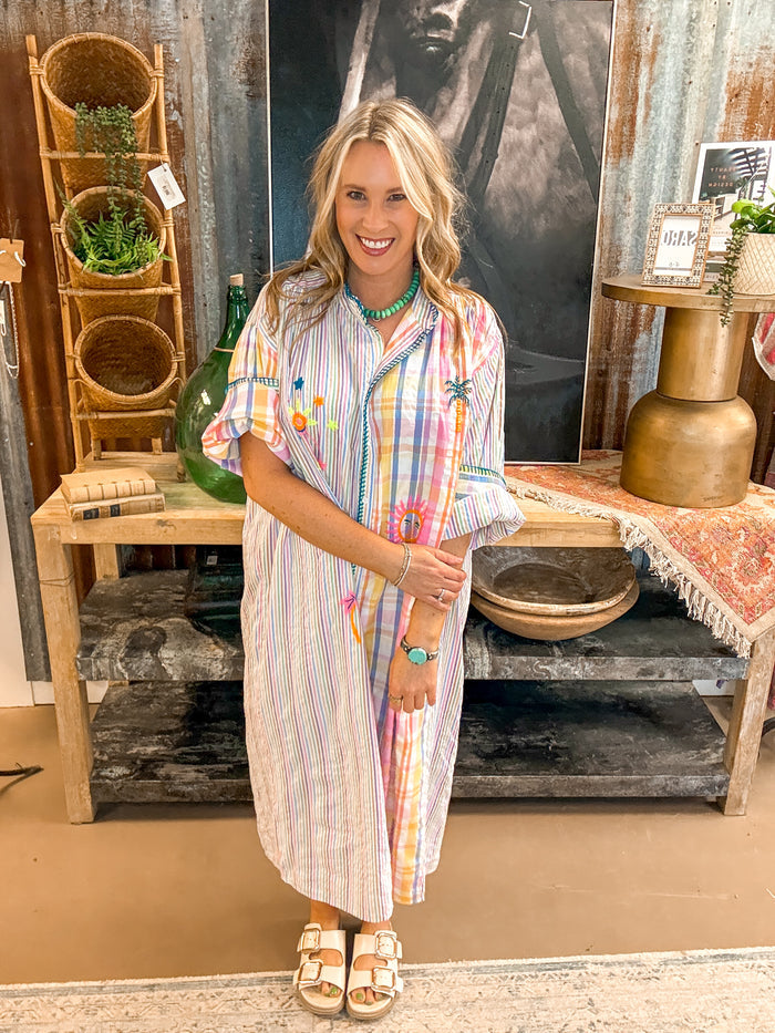 EMBROIDERED STRIPE DRESS, BLUE MULTI