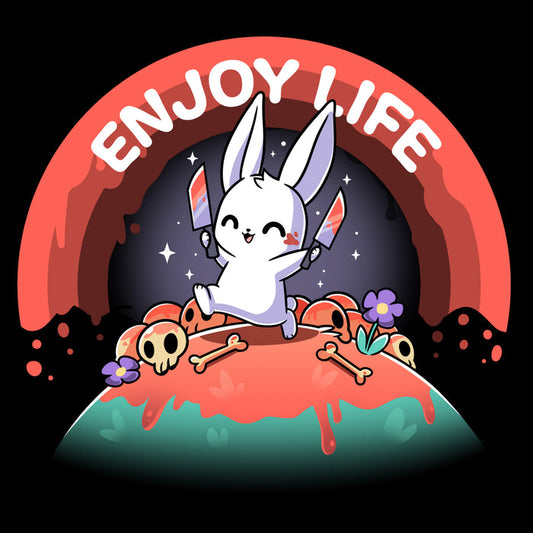 Premium Cotton T-shirt_TeeTurtle black Enjoy Life apparel featuring a bunny holding bloody knives in both paws, and skipping on a grassy hill littered with blood, bones, and purple flowers with a bloody rainbow in the background, and the caption, “Enjoy Life“.