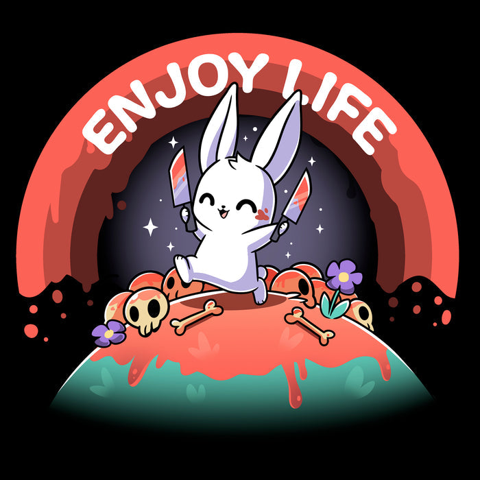 Classic Cotton T-shirt_TeeTurtle black Enjoy Life apparel featuring a bunny holding bloody knives in both paws, and skipping on a grassy hill littered with blood, bones, and purple flowers with a bloody rainbow in the background, and the caption, “Enjoy Life“.