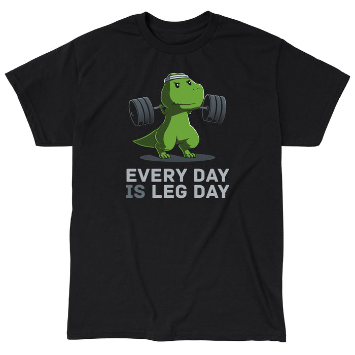 Classic Cotton T-shirt_TeeTurtle black Every Day Is Leg Day. Featuring a t-rex lifting a barbell.
