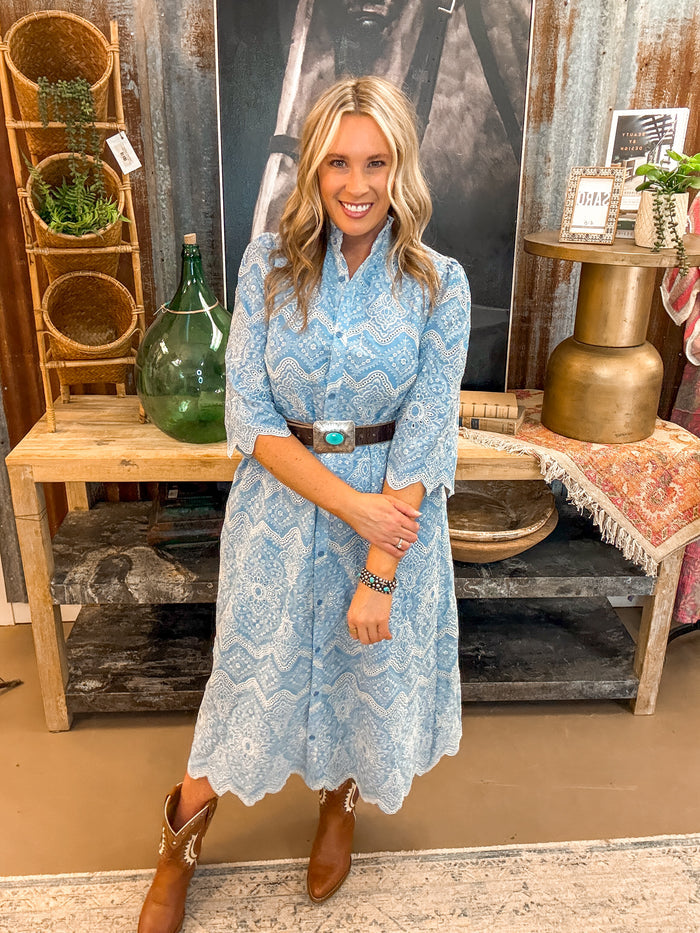 EYELET BUTTON DOWN MIDI DRESS, LT DENIM