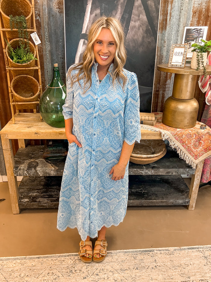 EYELET BUTTON DOWN MIDI DRESS, LT DENIM