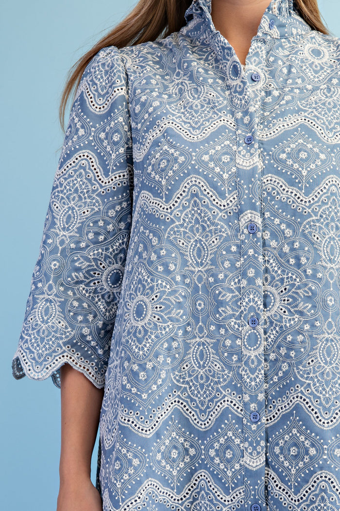 EYELET BUTTON DOWN MIDI DRESS, LT DENIM