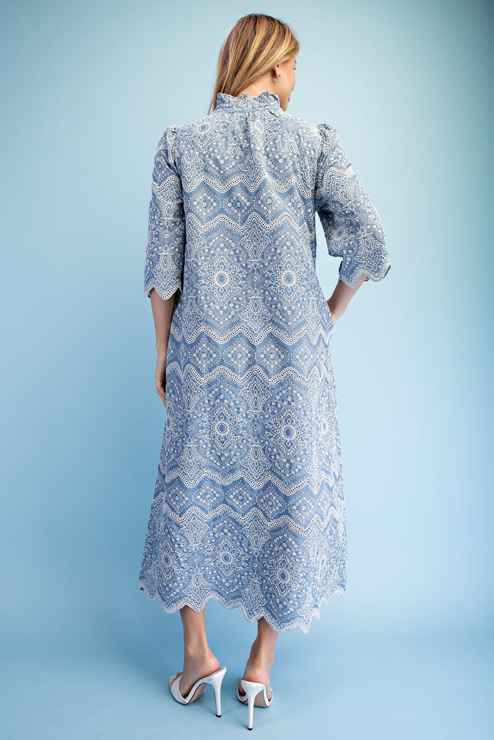 EYELET BUTTON DOWN MIDI DRESS, LT DENIM