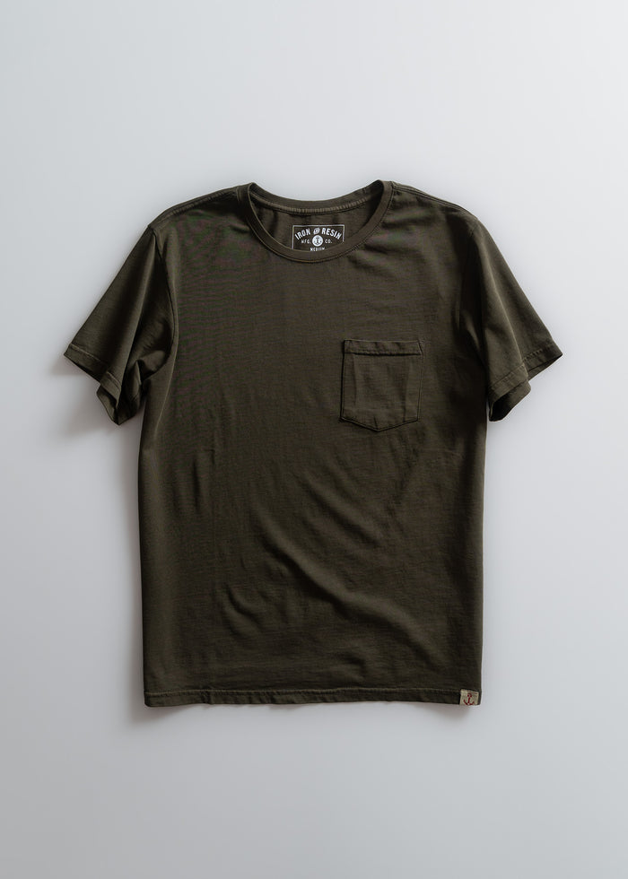 Olive green t-shirt with a chest pocket, short sleeves, and a round neck, displayed on a light background.