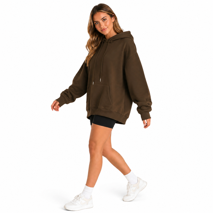 Relaxed dropped shoulder hoodie for women made from polyester, designed for easy care casual layering, and soft movement wear