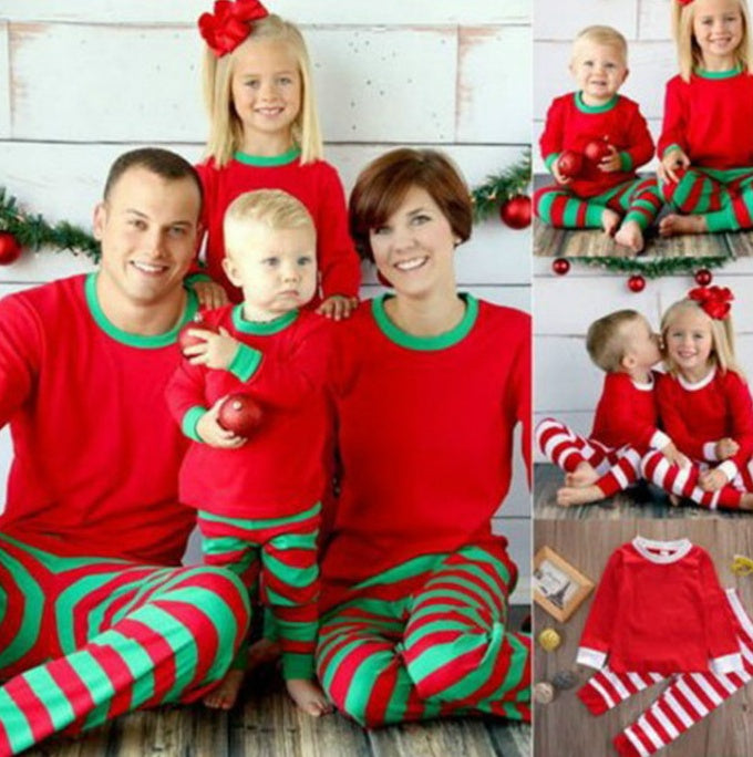 family wearing striped christmas pajamas cotton christmas morning opening gifts