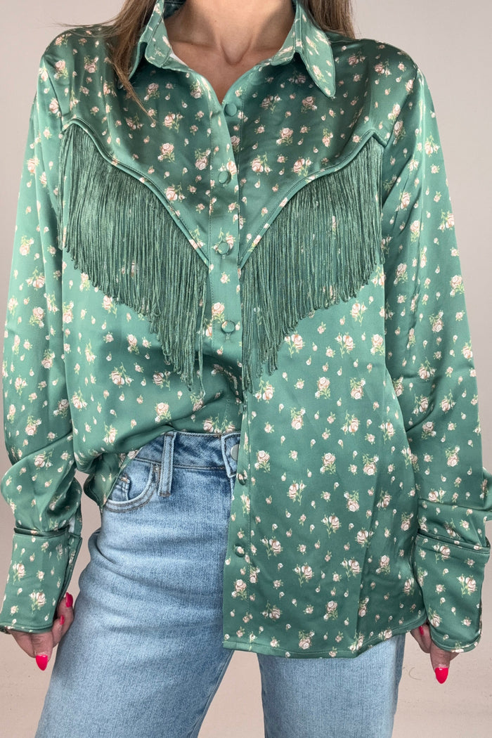 Style the Fate Olive Fringe Detail Button Down Shirt exclusively at Born To Glam