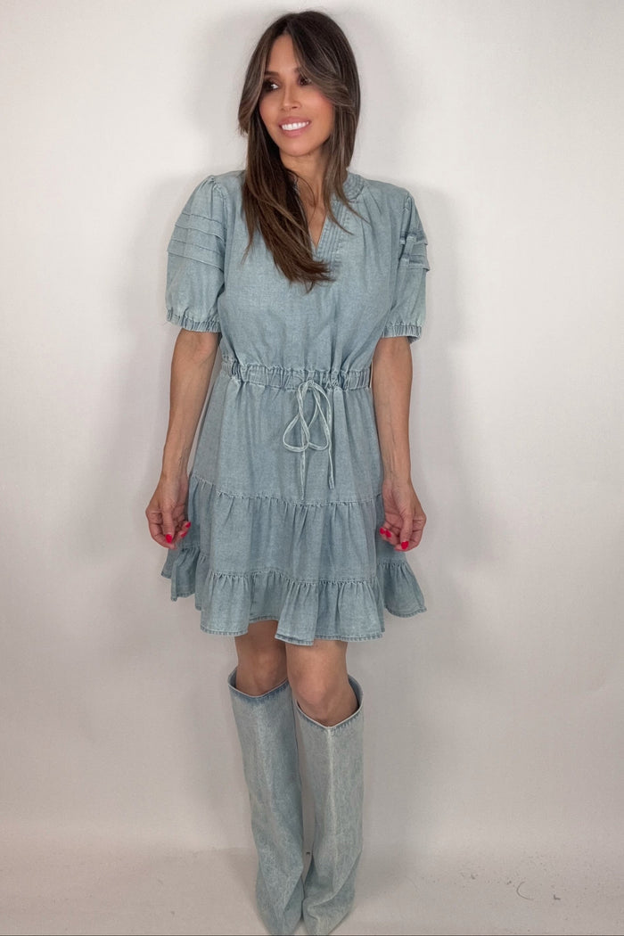 Style the Fate Ruffle Detailed Denim Dress exclusively at Born To Glam