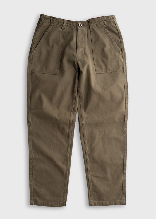 Green work pants with front pockets and belt loops, displayed on a white background, showcasing casual and durable design.