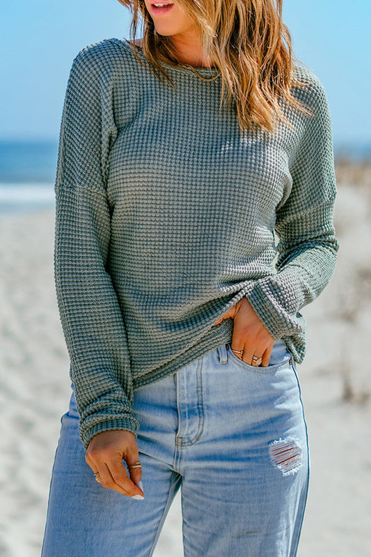 Fiery Red Waffle Knit Drop Shoulder Long Sleeve Top - Green / S / 95% Polyester + 5% Elastane - Tops/Long Tops