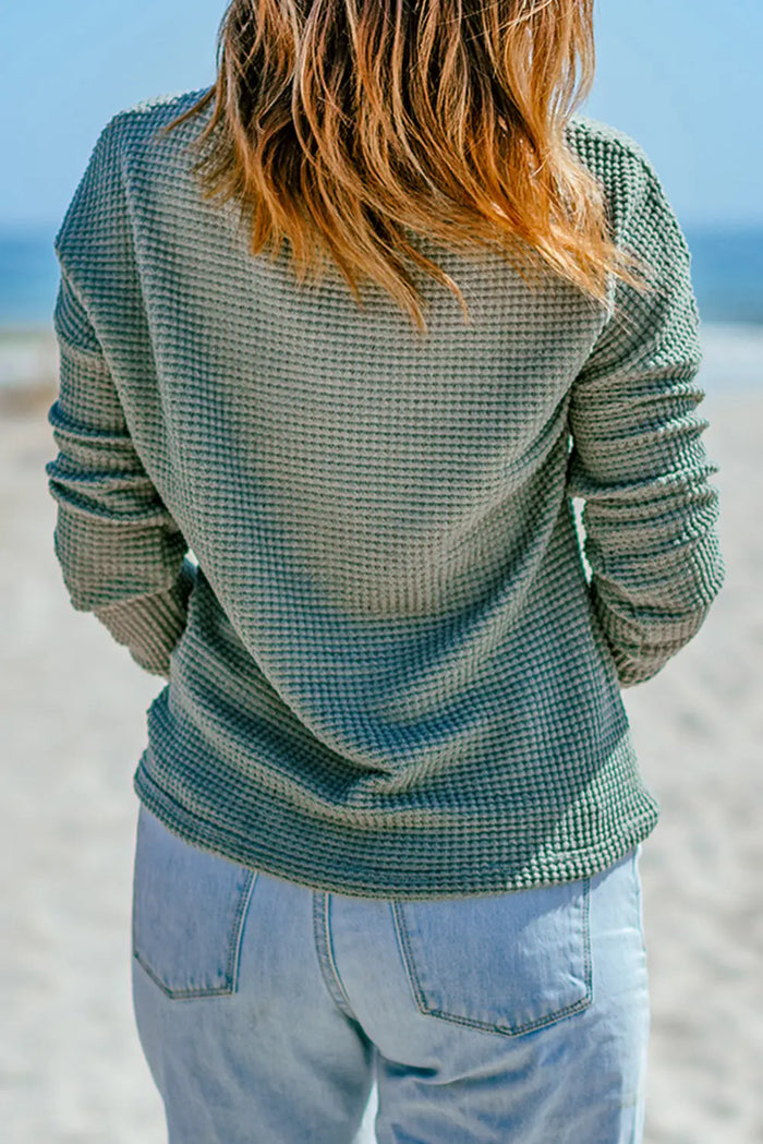 Fiery Red Waffle Knit Drop Shoulder Long Sleeve Top - Tops/Long Tops