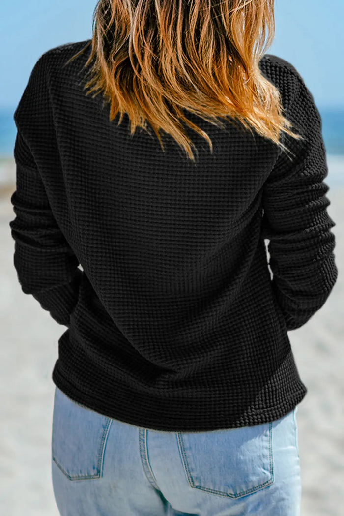 Fiery Red Waffle Knit Drop Shoulder Long Sleeve Top - Tops/Long Tops