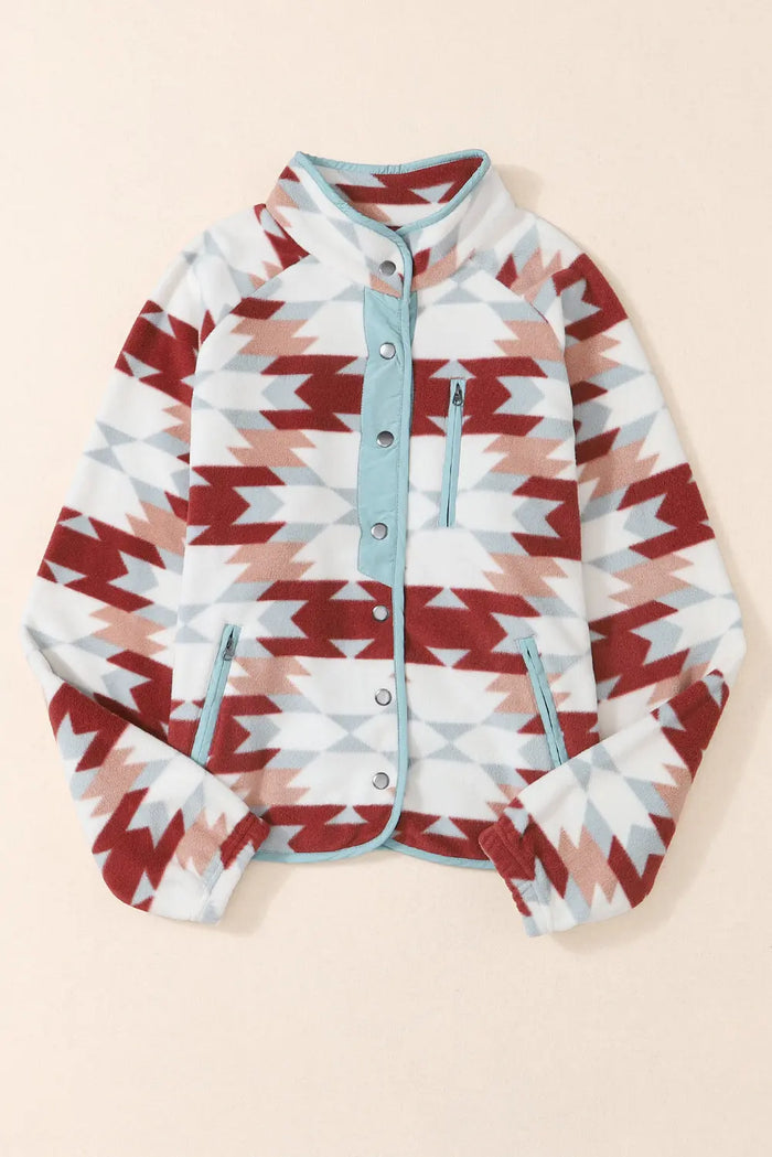 Fiery Red Western Aztec Buttoned Zipper Pockets Fleece Jacket - Outerwear/Jackets