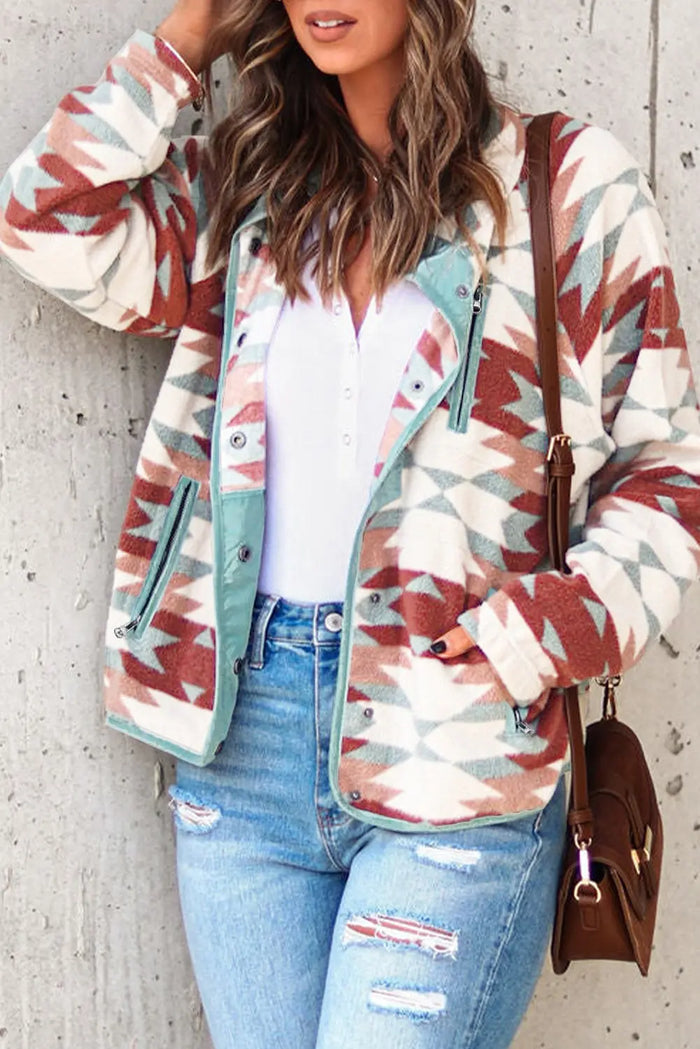 Fiery Red Western Aztec Buttoned Zipper Pockets Fleece Jacket - RED / S / 100% POLYESTER - Outerwear/Jackets