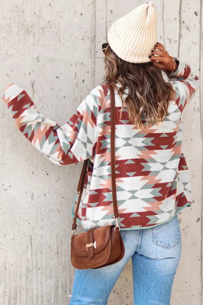 Fiery Red Western Aztec Buttoned Zipper Pockets Fleece Jacket - Outerwear/Jackets