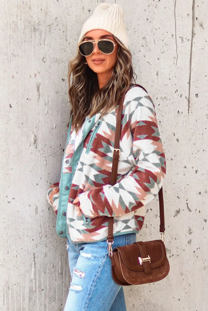Fiery Red Western Aztec Buttoned Zipper Pockets Fleece Jacket - Outerwear/Jackets