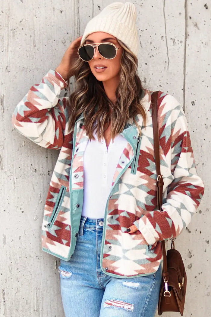 Fiery Red Western Aztec Buttoned Zipper Pockets Fleece Jacket - Outerwear/Jackets
