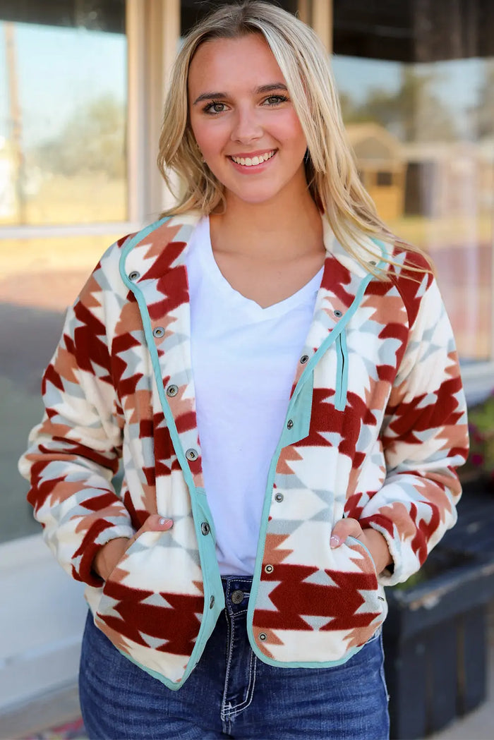 Fiery Red Western Aztec Buttoned Zipper Pockets Fleece Jacket - Outerwear/Jackets