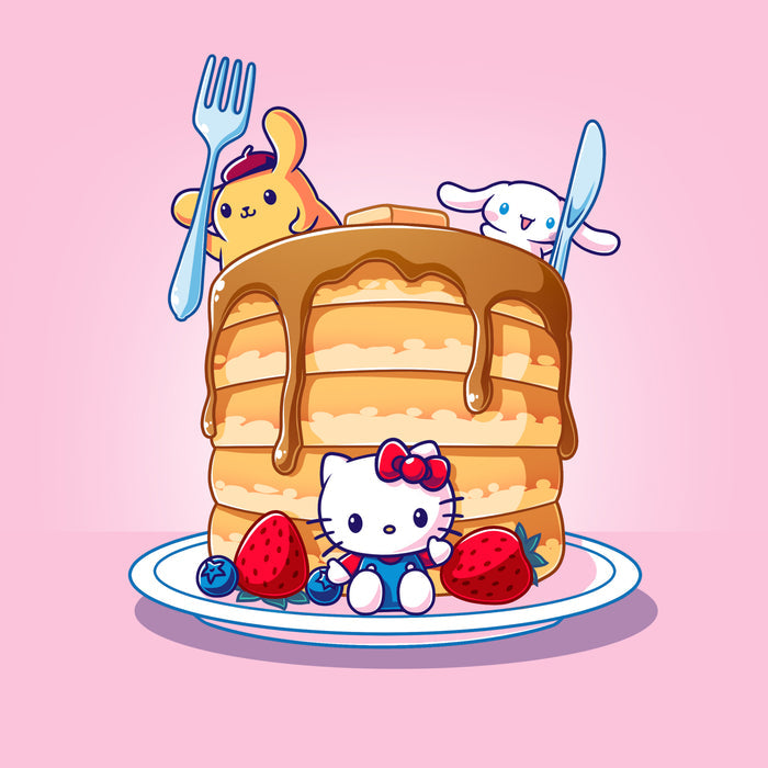 Premium Cotton T-shirt_TeeTurtle light pink Flapjacks and Friends apparel featuring Hello Kitty sitting in the middle of some strawberries and blueberries, Cinnamoroll holding a giant knife, and Pompompurin holding a giant fork with a giant stack of pancakes.