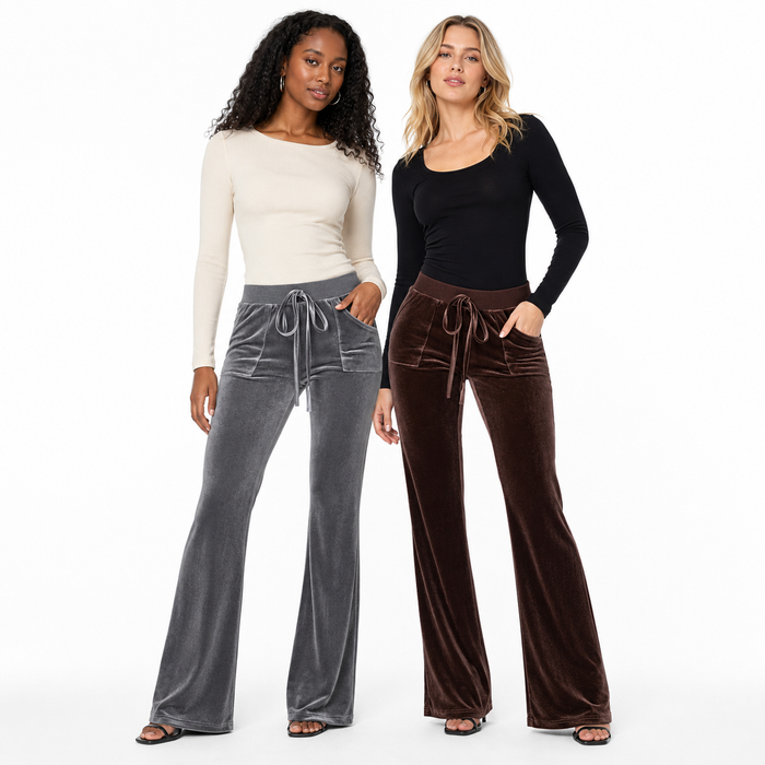 Flared trousers women with a velvet texture, mid-waist fit, front drawstring and patch pockets for polished everyday styling.