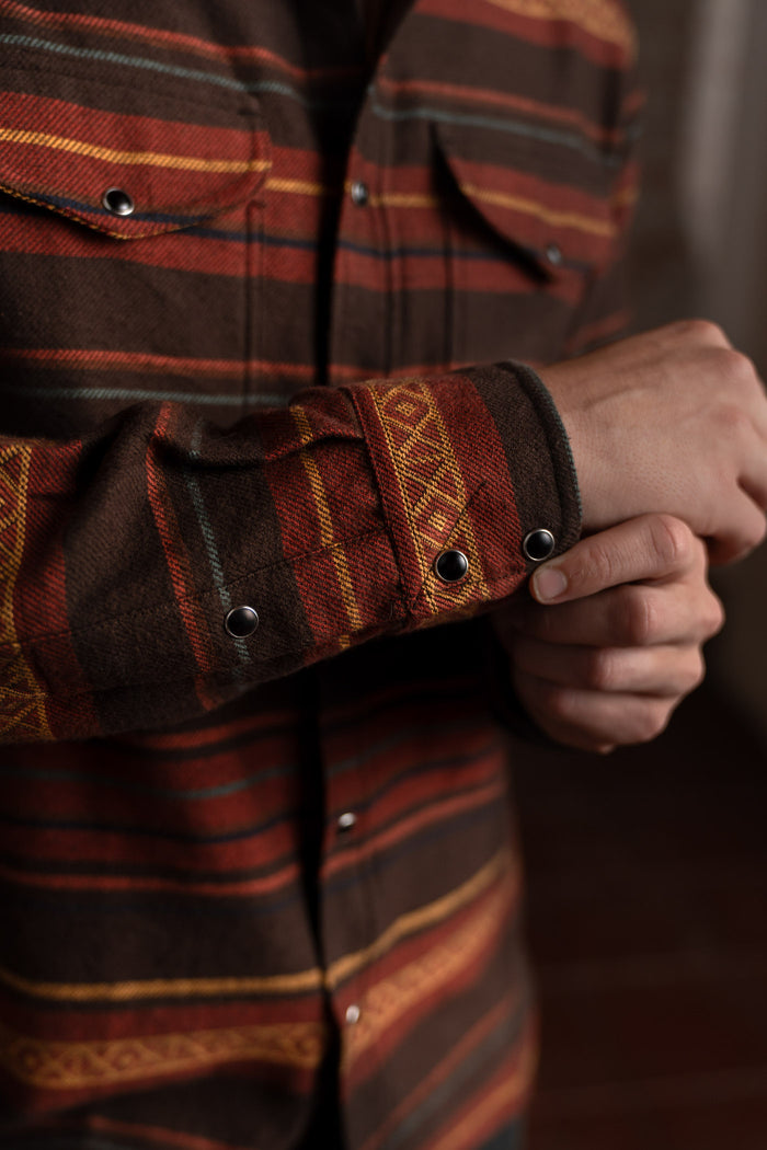 Close-up of a person adjusting the cuff of a brown and red plaid flannel shirt with metal buttons, highlighting the pattern.