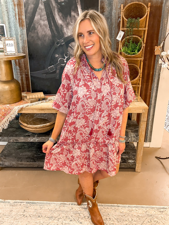 FLORAL JACQUARD SMOCKED DRESS, RED FLORAL