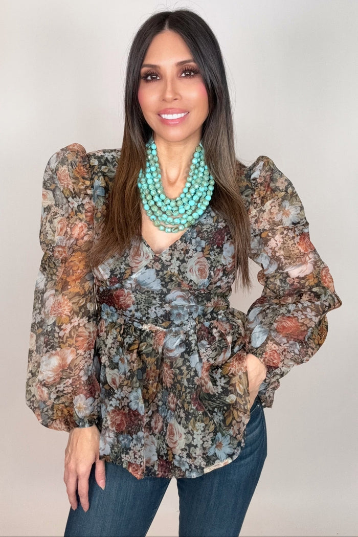 Style the Floral-Print Organza Puff-Sleeve Peplum Top exclusively at Born To Glam