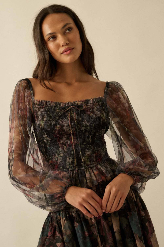 Style the Floral-Print Tulle Smocked Peasant Top exclusively at Born To Glam