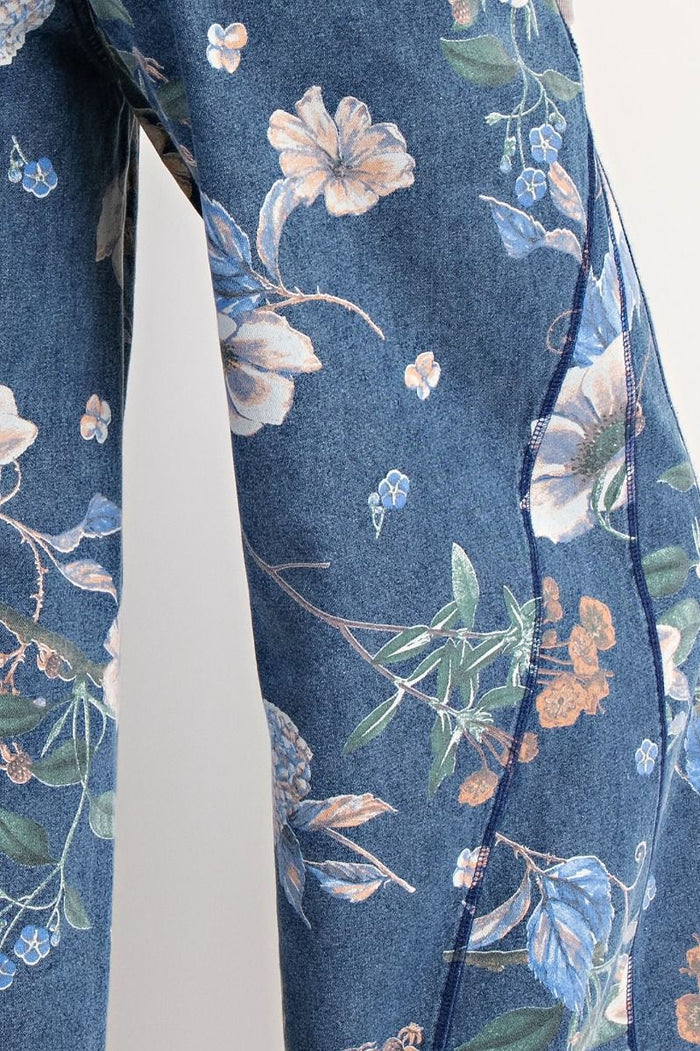 FLORAL PRINTED WASHED DENIM PANTS