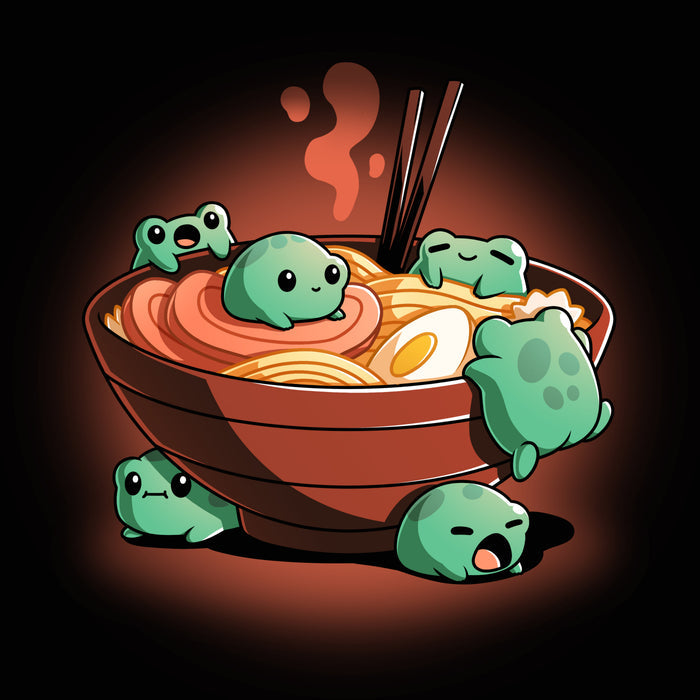 Premium Cotton T-shirt_TeeTurtle black Froggy Ramen apparel featuring a group of round green frogs in various playful poses around a steaming bowl of ramen.